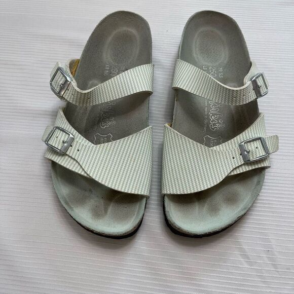 Birkenstock Mint Green/White Striped Double Strap Sandals Size Ladies 8 Men’s 6 - Picture 2 of 9